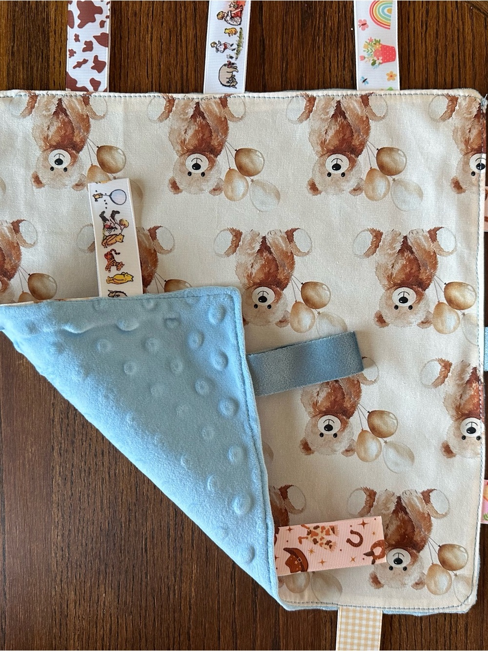 Blue & Brown Teddy Print Sensory Tag Blanket for Kids Handmade
